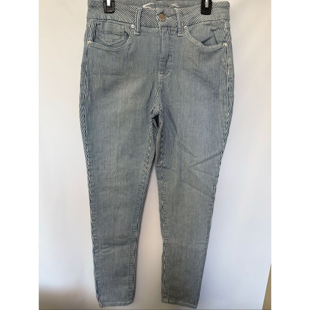 Seven 7 for All Mankind Women high rise skinny tummyless white blue stripe jean